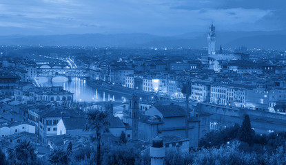 Panorama of Florence and Cathedral of Santa Maria del Fiore (Duomo) - Ponte Vecchio over Arno river - Florence, Italy
