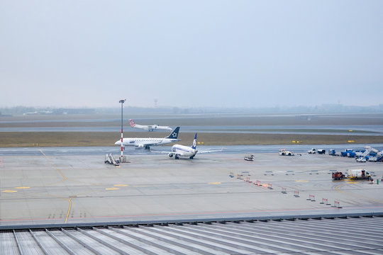 Warsaw, Poland- January 23, 2020: View of the take-off field of Chopin Airport.