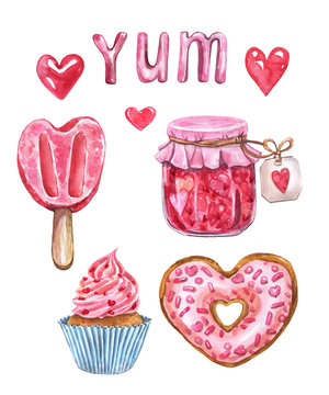 Watercolor set of hand painted element for valentines day. Illustration of sweets and holiday dessert, isolated on white background. Ice cream on a stick, pink glazed doughnut, cupcake, jam in a jar.