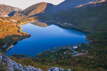 View of the heart shaped Scanno lake, the most charming and the most visited lake in Abruzzo