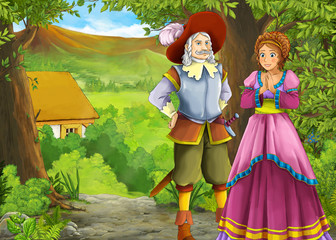 cartoon summer scene with path to the farm village with prince and princess