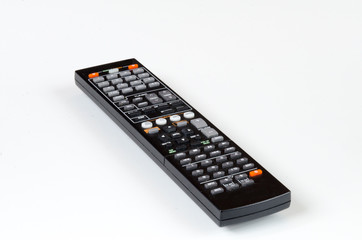 AV remote control, black plastic cover with colored buttons and white buttons, on and off, remote...