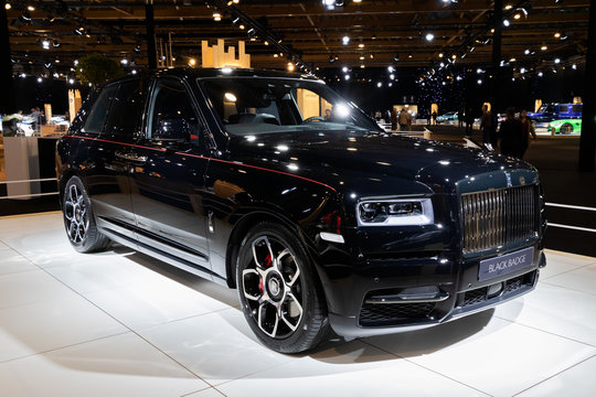 BRUSSELS - JAN 9, 2020: New 2020 Rolls-Royce Cullinan Black Badge luxury SUV car showcased at the Brussels Autosalon 2020 Motor Show.