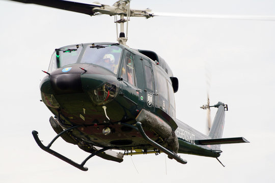 BONN, GERMANY - MAY 22, 2005: German Border Patrol Eurocopter Bell 212 Huey Helicopter Taking Off From Bonn-Hangelar Airport.