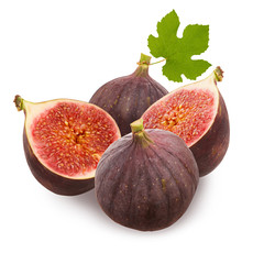 Figs isolated. Two whole ripe figs fruit and cut half slices isolated on white background with...
