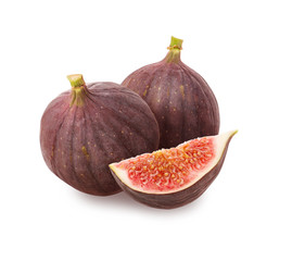 Isolated figs. Two ripe juicy raw fig fruit and cut slice isolated on white background, close-up