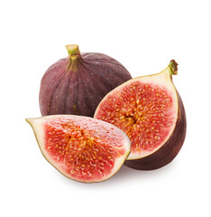 Isolated figs. Ripe juicy raw fig fruit and cut slice and half with pulp and seeds isolated on white background, close-up