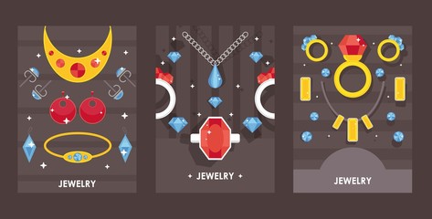 Jewelry store banners, vector illustration. Sparkling golden jewels with precious gemstones. Flat style jewellery card, catalog cover, shop advertisement. Beauty fashion accessories and gems for women