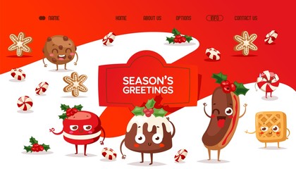 Bakery website Christmas campaign, traditional holiday sweets vector illustration. Bakehouse landing page template, season greetings. Funny cartoon character, pastry product mascot, Christmas offer