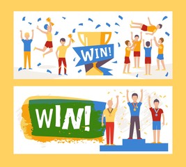 Sport competition win, vector illustration. Flat style banner, contest winner celebration. Awarded sportsmen on podium with medals. Sport team victory, champion trophy, people celebrating success
