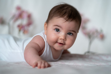 Beautiful baby girl with a white background crawling and smiling