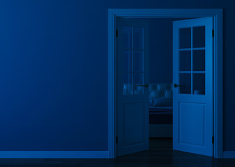 White door in the interior with a blue wall. An open doorway to the hotel bedroom. 3D rendering.