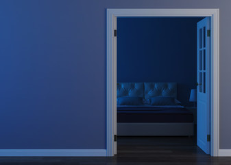 White door in the interior with a blue wall. An open doorway to the hotel bedroom. 3D rendering.