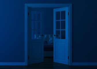 White door in the interior with a blue wall. An open doorway to the hotel bedroom. 3D rendering.