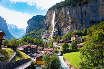 Spectacular view of Lauterbrunnen valley in a bright sunny day, Switzerland - obrazy, fototapety, plakaty