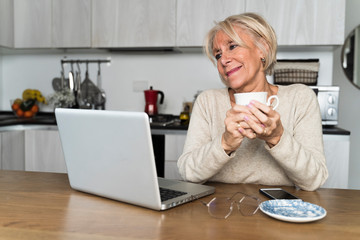 Adult woman using laptop in the kitchen