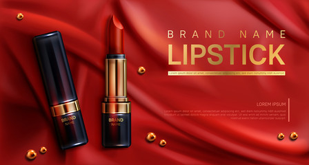 Lipstick cosmetics make up beauty product mockup banner. Makeup rouge on red silk draped fabric background with scattered golden pearls. Luxury promo poster template for magazine, realistic 3d vector