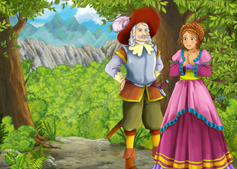 cartoon summer scene with meadow in the forest with prince and princess