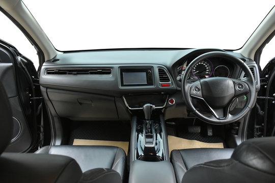 black modern sport vehicle interior, image isolated with design your view outside car
