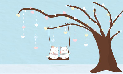 a sweet couple lovely cats is sitting on swing.they are under the heart tree.background is pastel blue colour.the happy animal is falling in love with ice cream and dessert party.