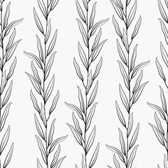 Vector seamless pattern with black vertical branches and leaves on white background; natural design for fabric, wallpaper, textile, package, web design.