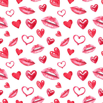 Valentines day seamless pattern with watercolor hearts, women red and pink lips, isolated on white background. Hand painted romantic print for holiday design.