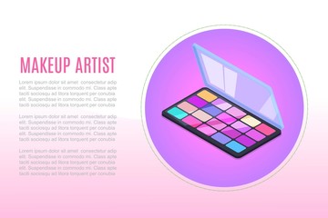Proffecional makeup for artists cosmetics and accessories, vector illustration poster. Eyeshadow and make up colors for theaters and cinema studios.