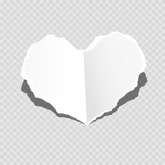 White torn paper heart with shadow, isolated.