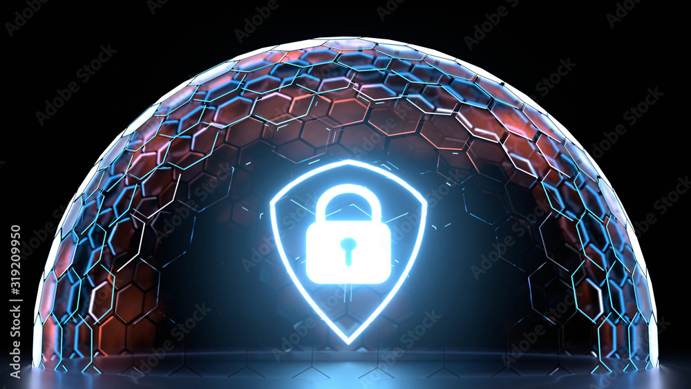 Poster 3d rendering of glowing shield icon inside hexagon nano grid sphere with glowing edge color and refl