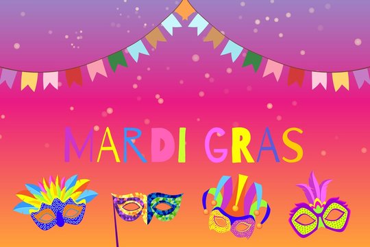 Carnival or Mardi Gras banner with cartoon masks and flags masquerade vector illustration. Venetian festival holiday Mardi gras colorful invitation.