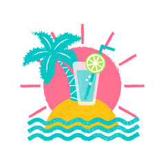 Colorful vector illustration with sun, island, sea waves, cocktail and palm