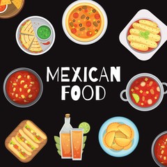 Mexican food meal with soups, burrito promo poster on back background vector illustration. Mexican food cuisine hot soups, burrito and second dishes poster.