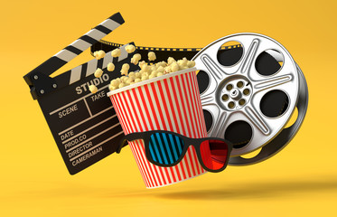 Flying popcorn, 3D glasses, film reel and clapboard on a yellow background. Minimalist creative concept. Cinema, movie, entertainment concept. 3d render illustration - obrazy, fototapety, plakaty
