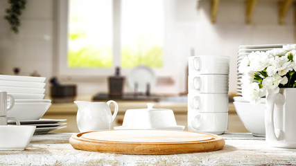 Desk of free space for your decoration and kitchen interior with big spring window background. 