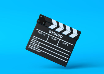 Naklejka premium Flying сlapperboard isolated on bright blue background in pastel colors. Minimalist creative concept. Cinema, movie, entertainment concept. 3d render illustration