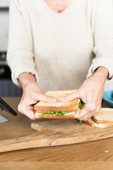 woman's hands holding a sandwich