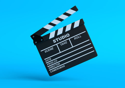 Flying сlapperboard isolated on bright blue background in pastel colors. Minimalist creative concept. Cinema, movie, entertainment concept. 3d render illustration