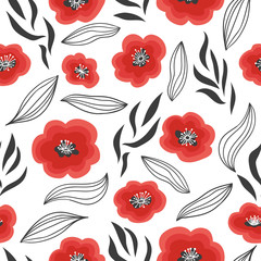 Seamless trendy floral pattern with hand drawn poppies.