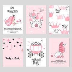 Fototapeta na wymiar Baby shower card set. Watercolor invitation cards design for baby shower party. Little princess illustration.