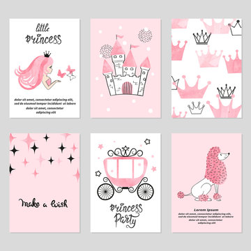 Baby shower card set. Watercolor invitation cards design for baby shower party. Little princess illustration.
