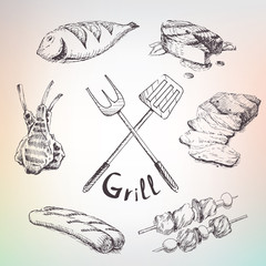 Grill food. Steak and fish.