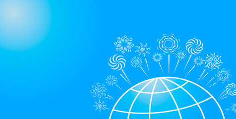 Festive fireworks over part of the globe on a light blue background.
