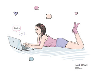 Romantic young woman lying and chatting online in laptop. Hand drawn sketch illustration. Distance dating concept
