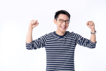 smart attractive asian glasses male hand rise up cheerful exited standing and smile with freshness and joyful casual blue shirt portrait white background