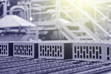 Brick production. New bricks on a conveyor belt at a brick factory. Text space