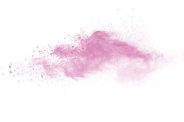Pink powder explosion on white background. Paint Holi.