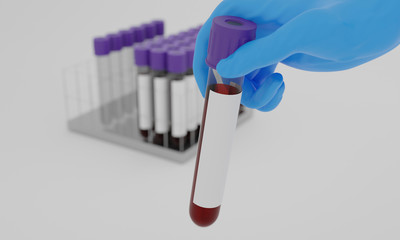 Human hand in blue glove hold Test tubes with blood and blank label  on white background. Concept...