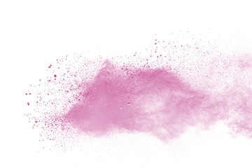 Pink powder explosion on white background. Paint Holi.