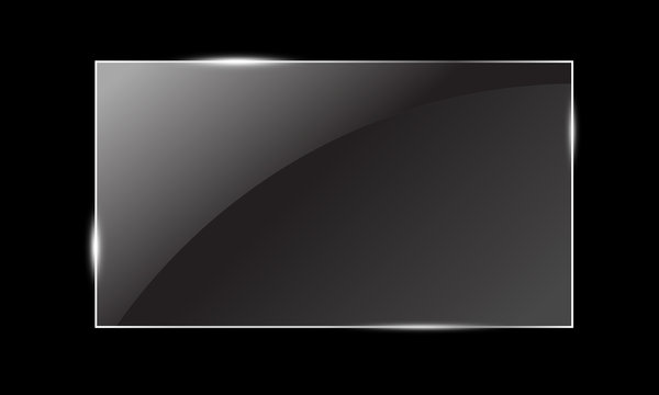 Vector glass rectangle on a black background. Transparent mirror, realistic glare window