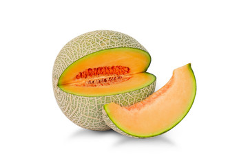 whole and slice of japanese melons, orange melon or cantaloupe melon with seeds isolated on white background